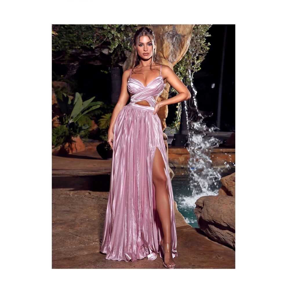Miss Circle Satin Shimmer Pink Pleated Cutout High Slit Maxi Dress